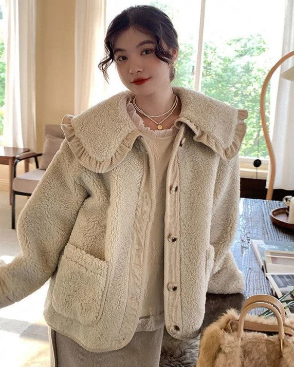 Manteau femme style laine col à volants - Image 3