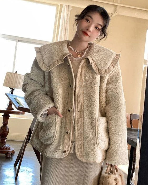 Manteau femme style laine col à volants - Image 4