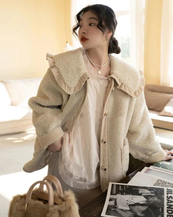 Manteau femme style laine col à volants - Image 5