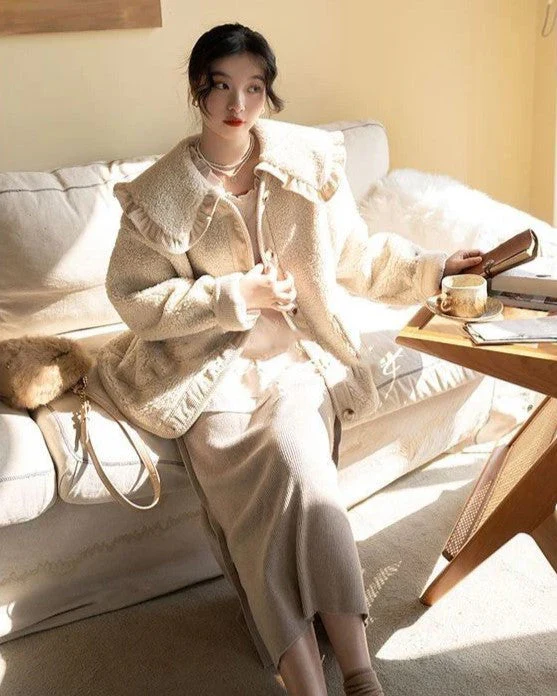 Manteau femme style laine col à volants - Image 6