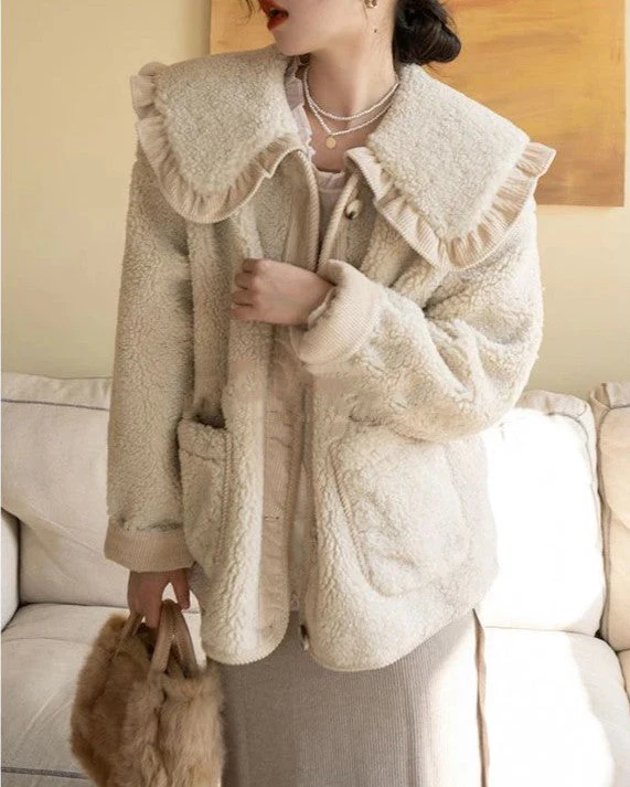 Manteau femme style laine col à volants - Image 7