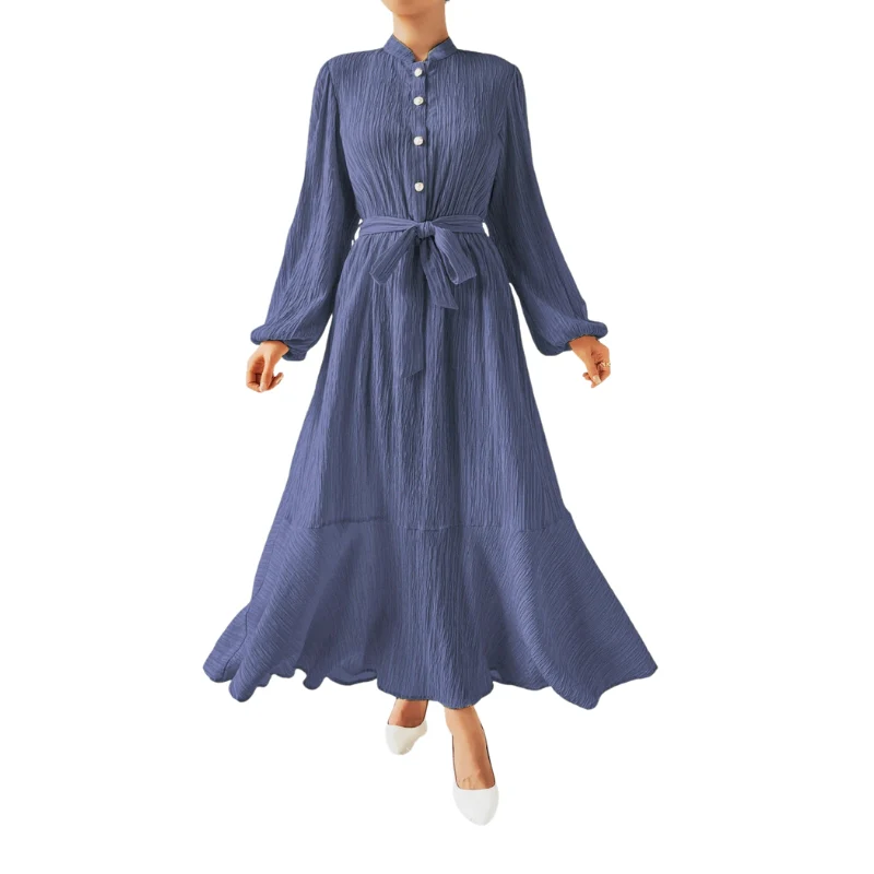 Robe maxi plissée élégante avec taille ceinturée et corsage ajusté - Image 3