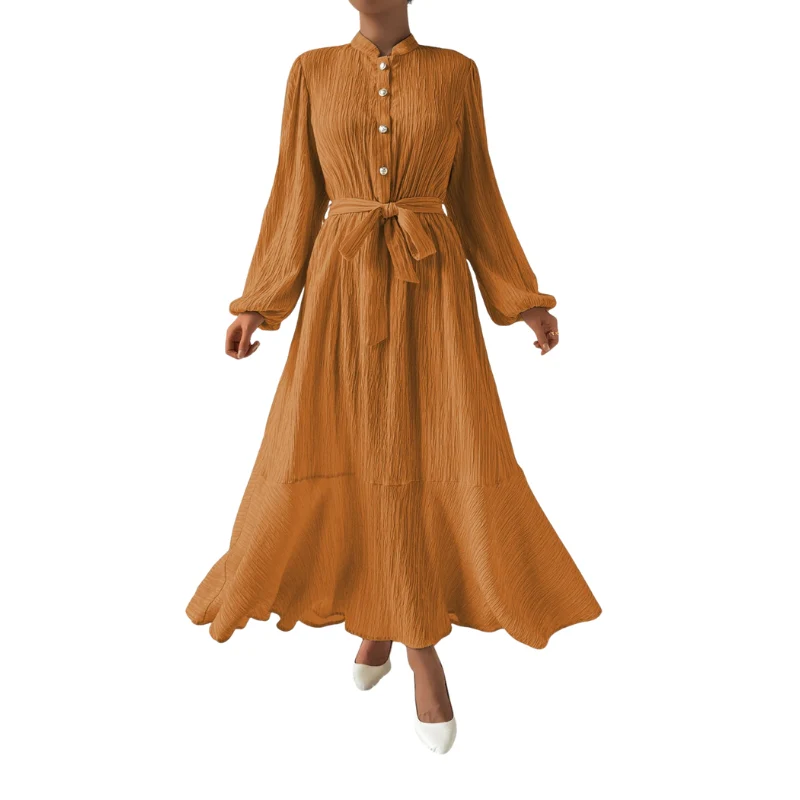 Robe maxi plissée élégante avec taille ceinturée et corsage ajusté - Image 5