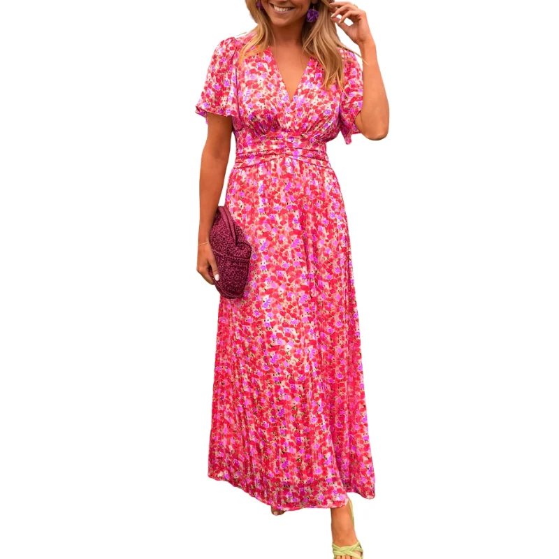 Robe à imprimé floral avec manches courtes et col en V - Image 2