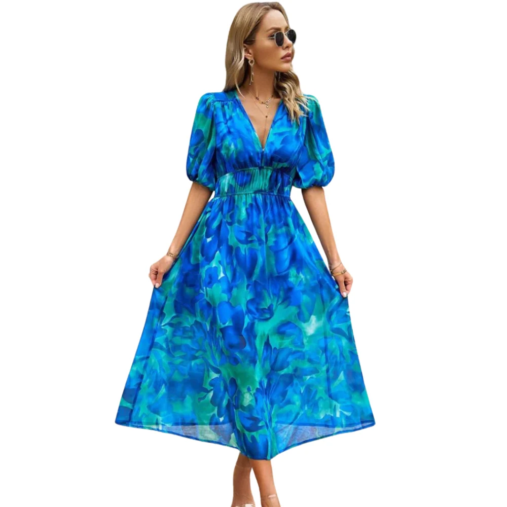 Robe à imprimé floral avec col en V et manches courtes