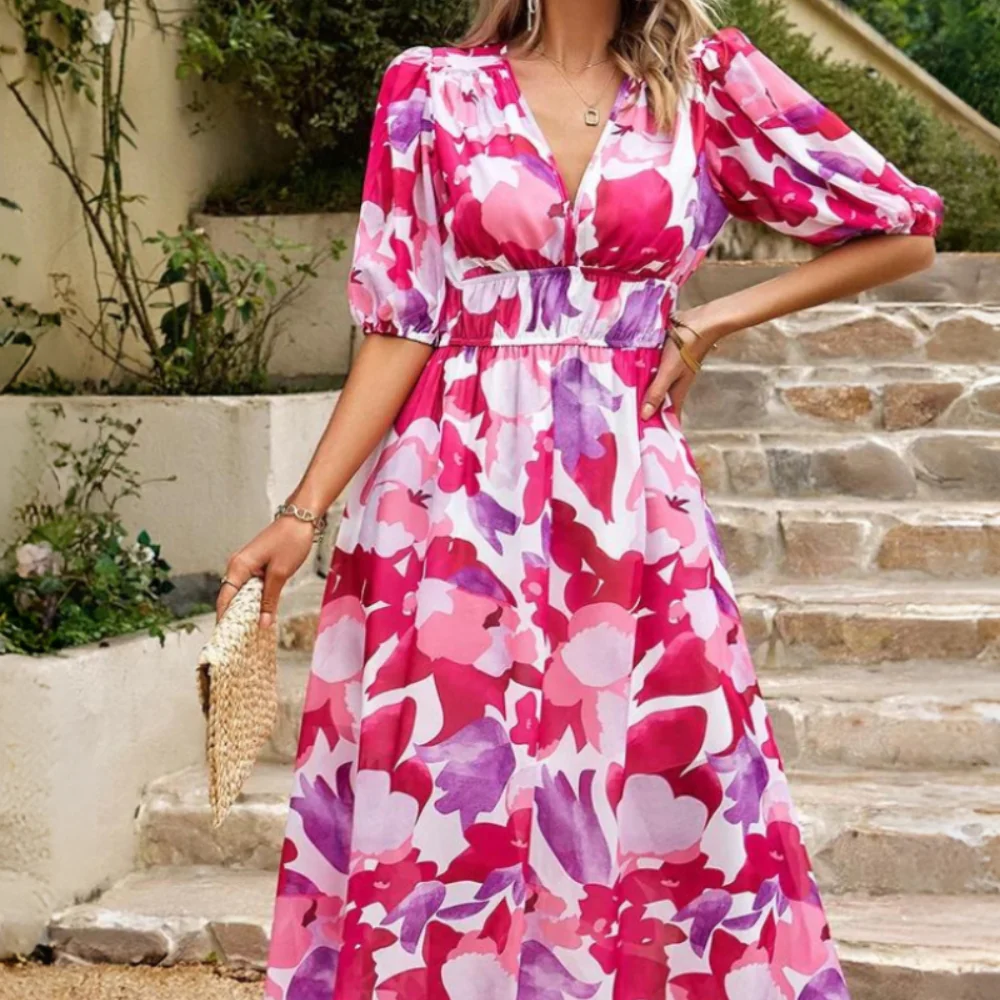 Robe à imprimé floral avec col en V et manches courtes - Image 11