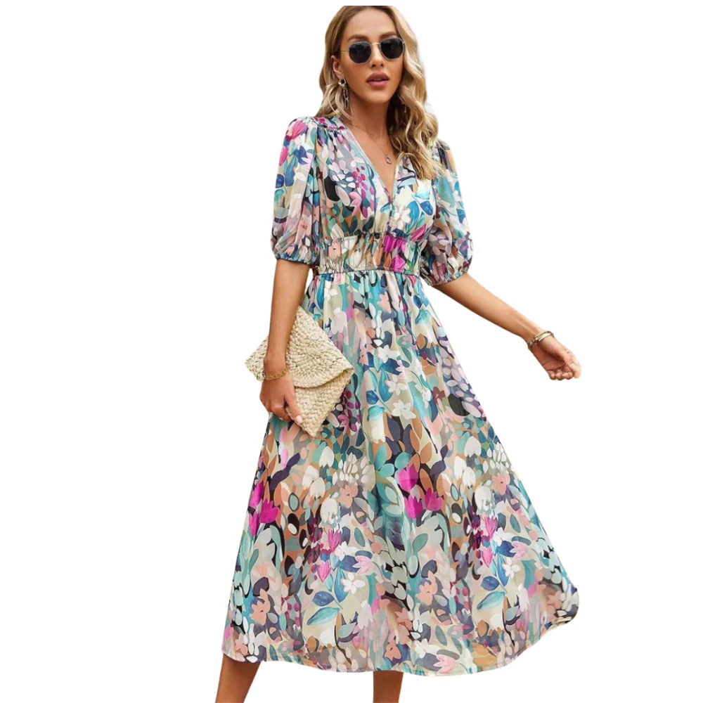 Robe à imprimé floral avec col en V et manches courtes - Image 3