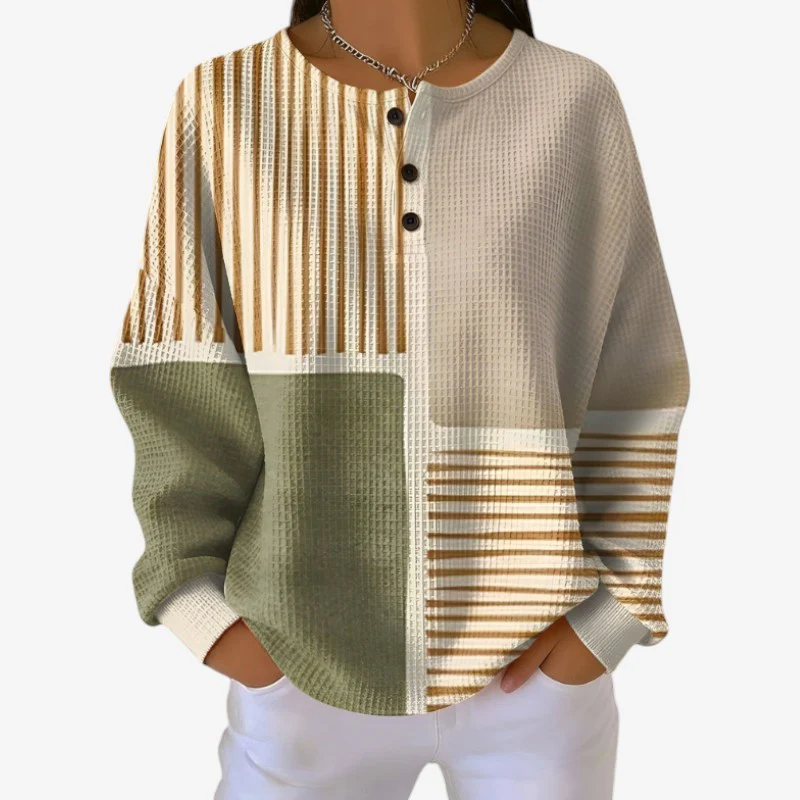 Amara – Pull Boutonné à Manches Longues, Col Rond et Motif Imprimé