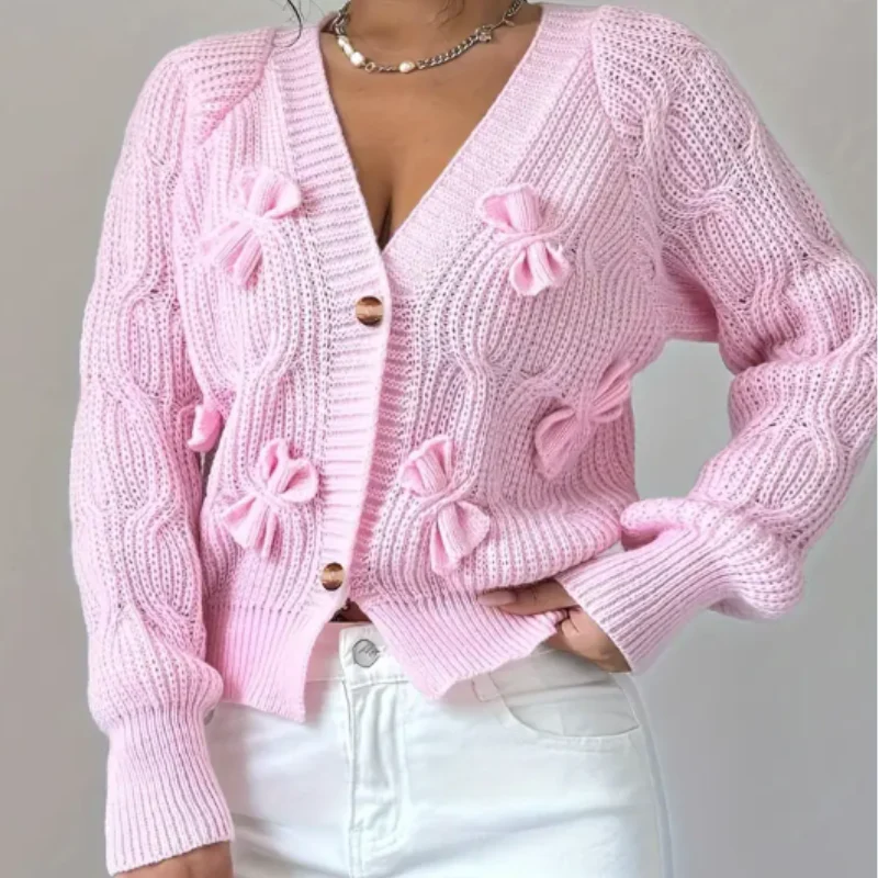 Gilet femme col V manches longues avec nœud - Image 2