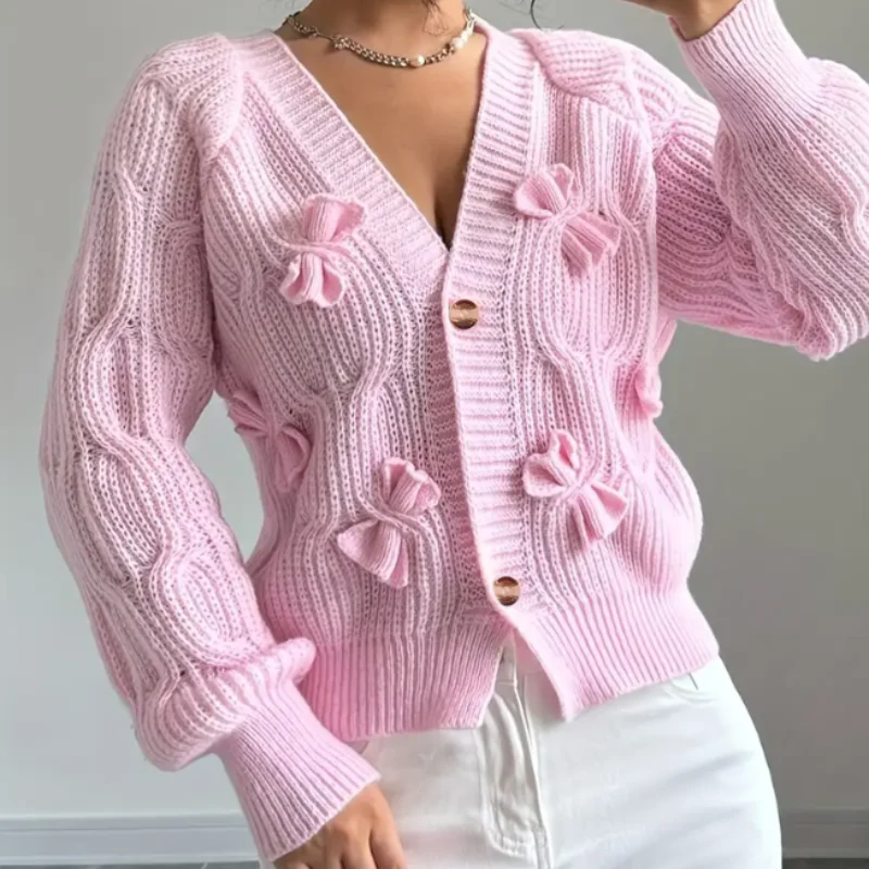 Gilet femme col V manches longues avec nœud - Image 3