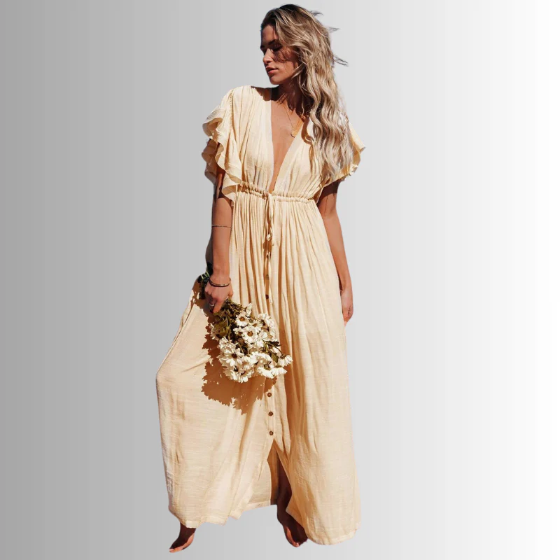 Robe longue manches chauve-souris col V - Image 3