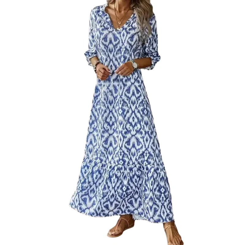 Robe ample imprimée à manches longues avec col V