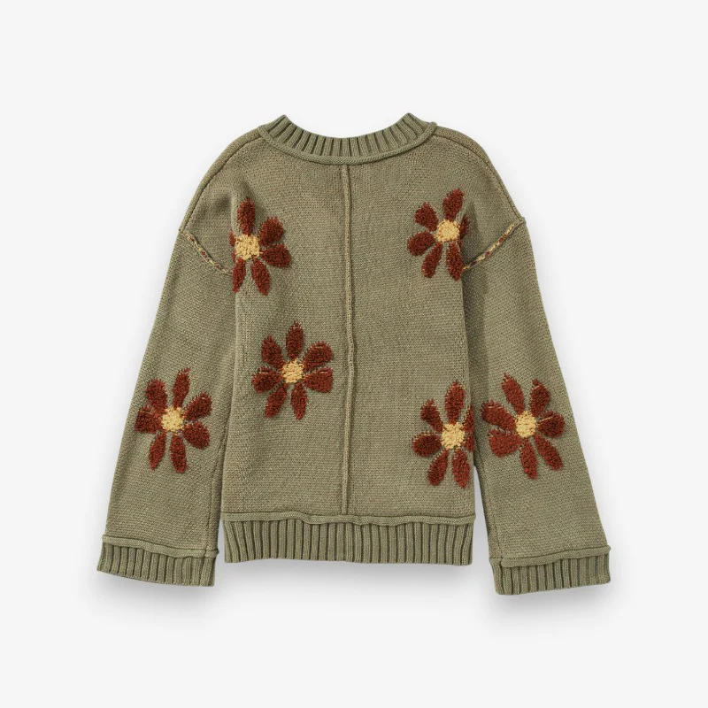 Pull femme ample col V motif fleuri imprimé