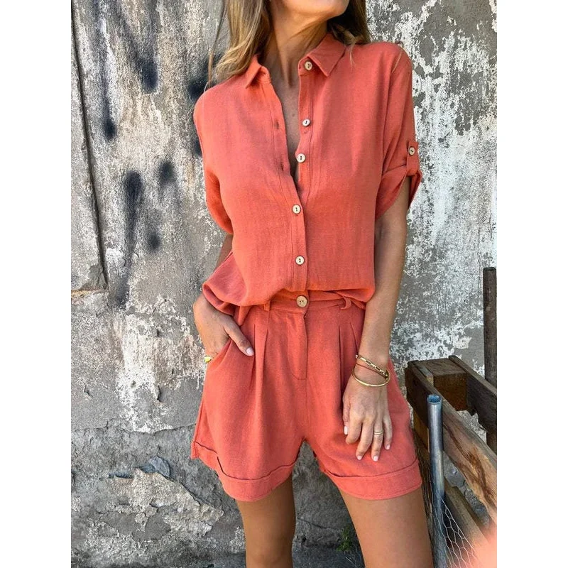 Ensemble Deux Pièces Élégant avec Chemise Boutonnée et Short Taille Haute - Image 3