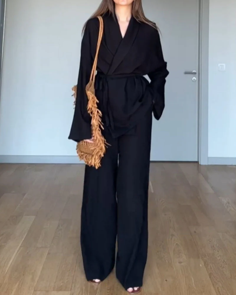 Ensemble femme 2 pièces cache-cœur manches longues et pantalon large - Image 2