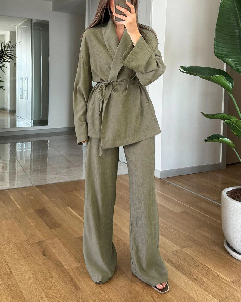 Ensemble femme 2 pièces cache-cœur manches longues et pantalon large - Image 3