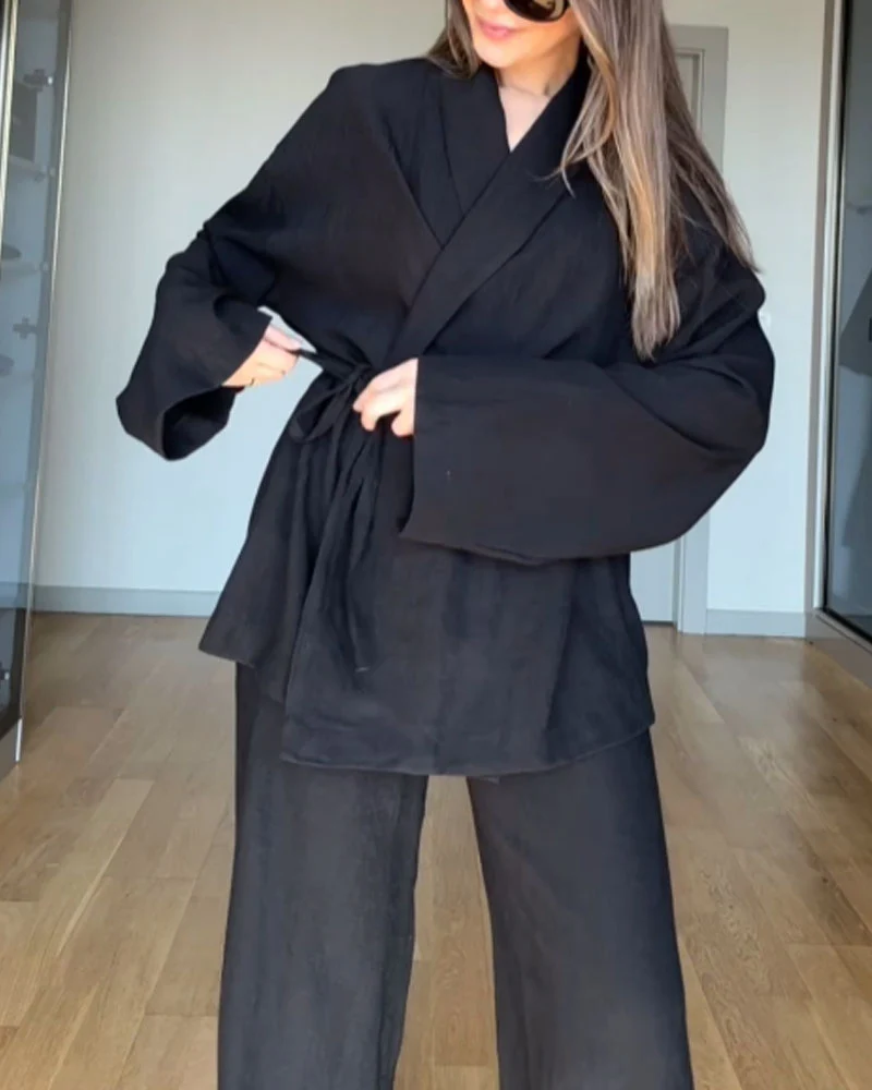 Ensemble femme 2 pièces cache-cœur manches longues et pantalon large - Image 4