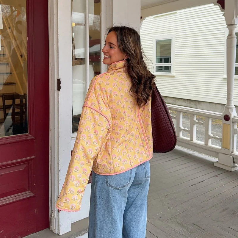 Dames oversized jas met bloemenprint en hoge kraag - Image 4