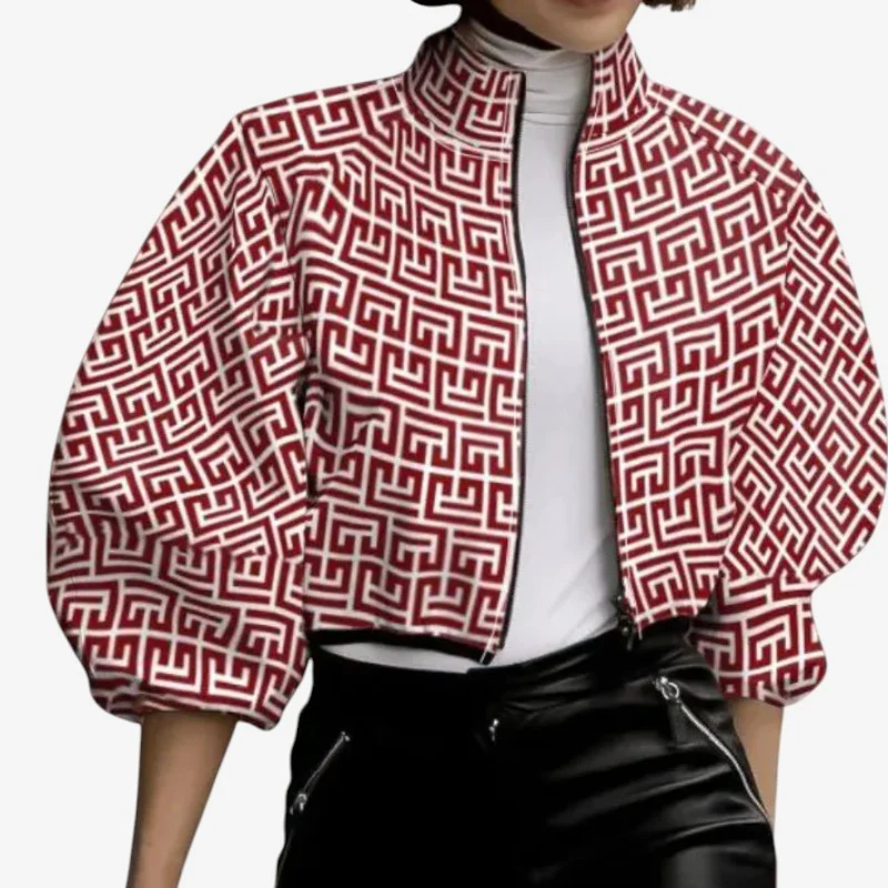 Veste courte femme zippée à pois col montant - Image 2