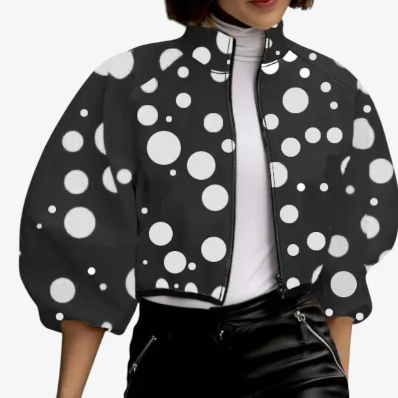 Veste courte femme zippée à pois col montant - Image 4