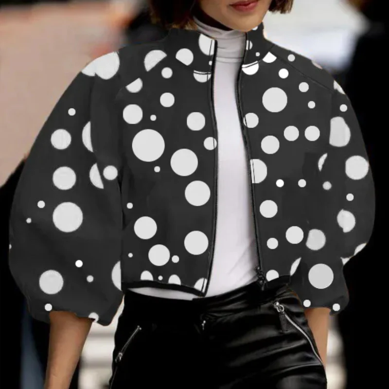 Veste courte femme zippée à pois col montant - Image 7