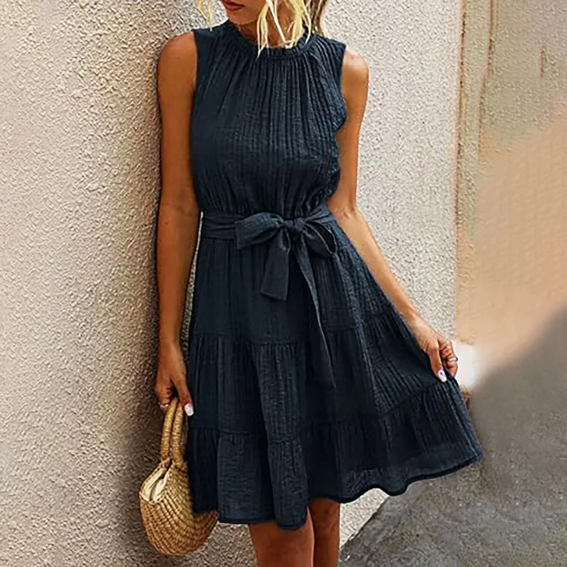 Robe sans manches col rond avec taille ceinturée - Image 2