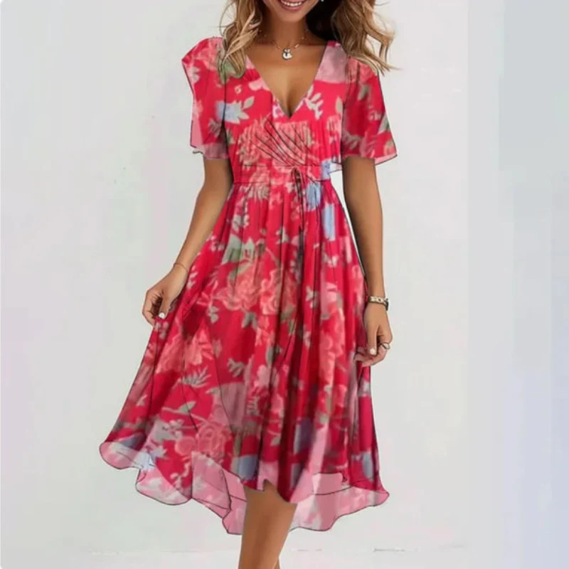 Robe Bella élégante col en V manches courtes coupe décontractée - Image 2