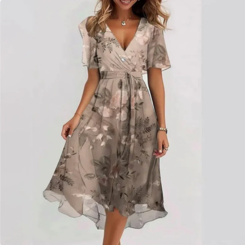Robe Bella élégante col en V manches courtes coupe décontractée - Image 3