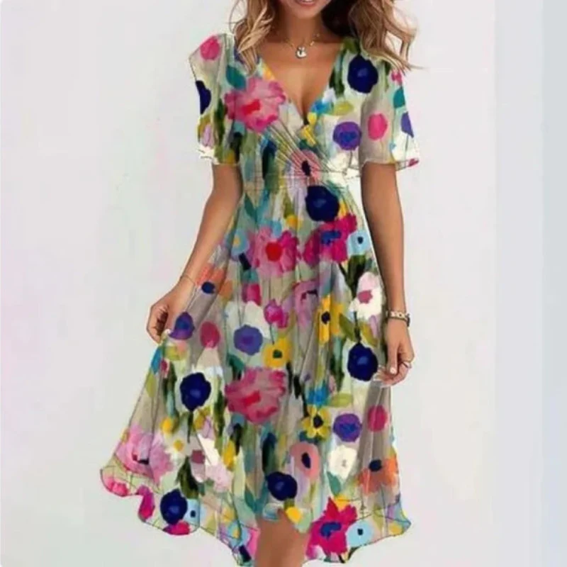 Robe Bella élégante col en V manches courtes coupe décontractée - Image 4