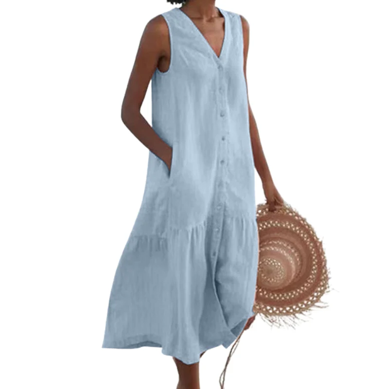Robe longue sans manches col en V avec poches