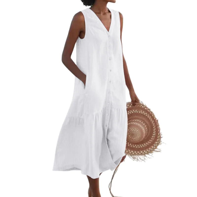 Robe longue sans manches col en V avec poches - Image 4