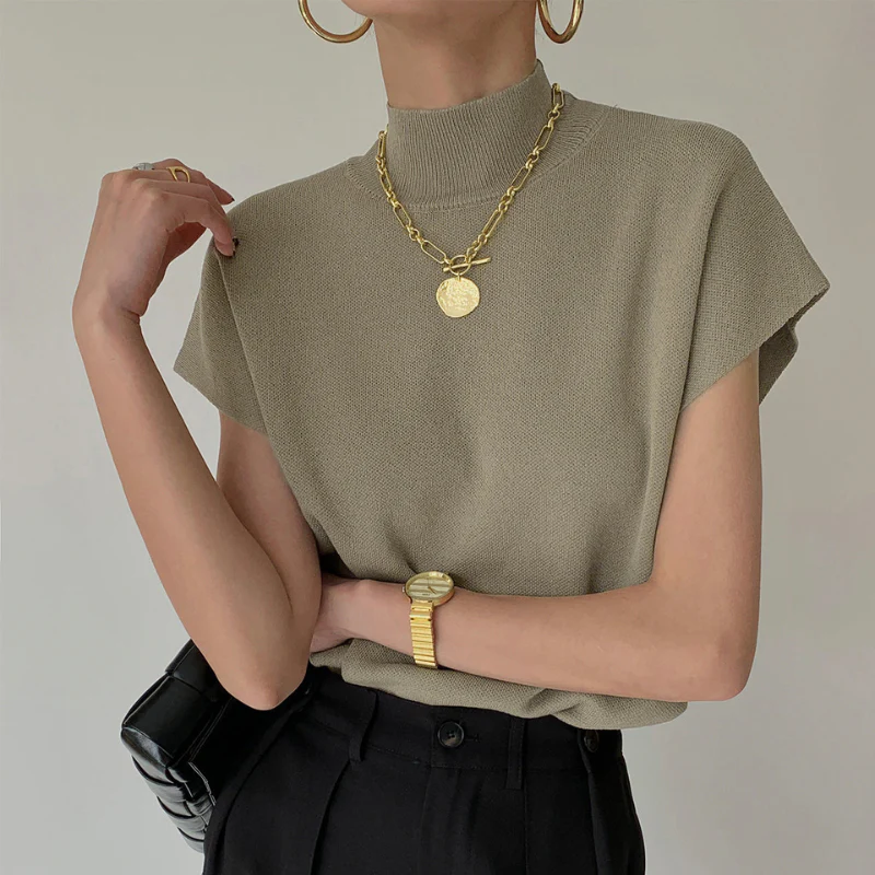 Blouse femme côtelée manches courtes col montant - Image 13