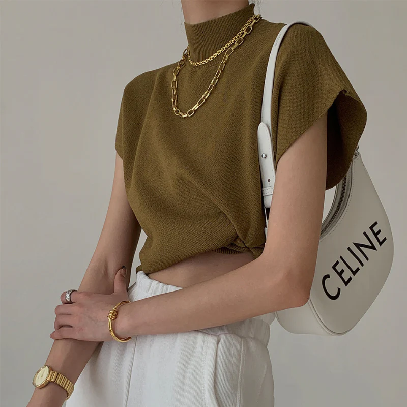 Blouse femme côtelée manches courtes col montant - Image 14