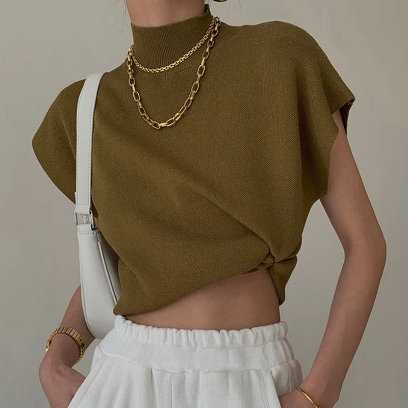 Blouse femme côtelée manches courtes col montant - Image 15