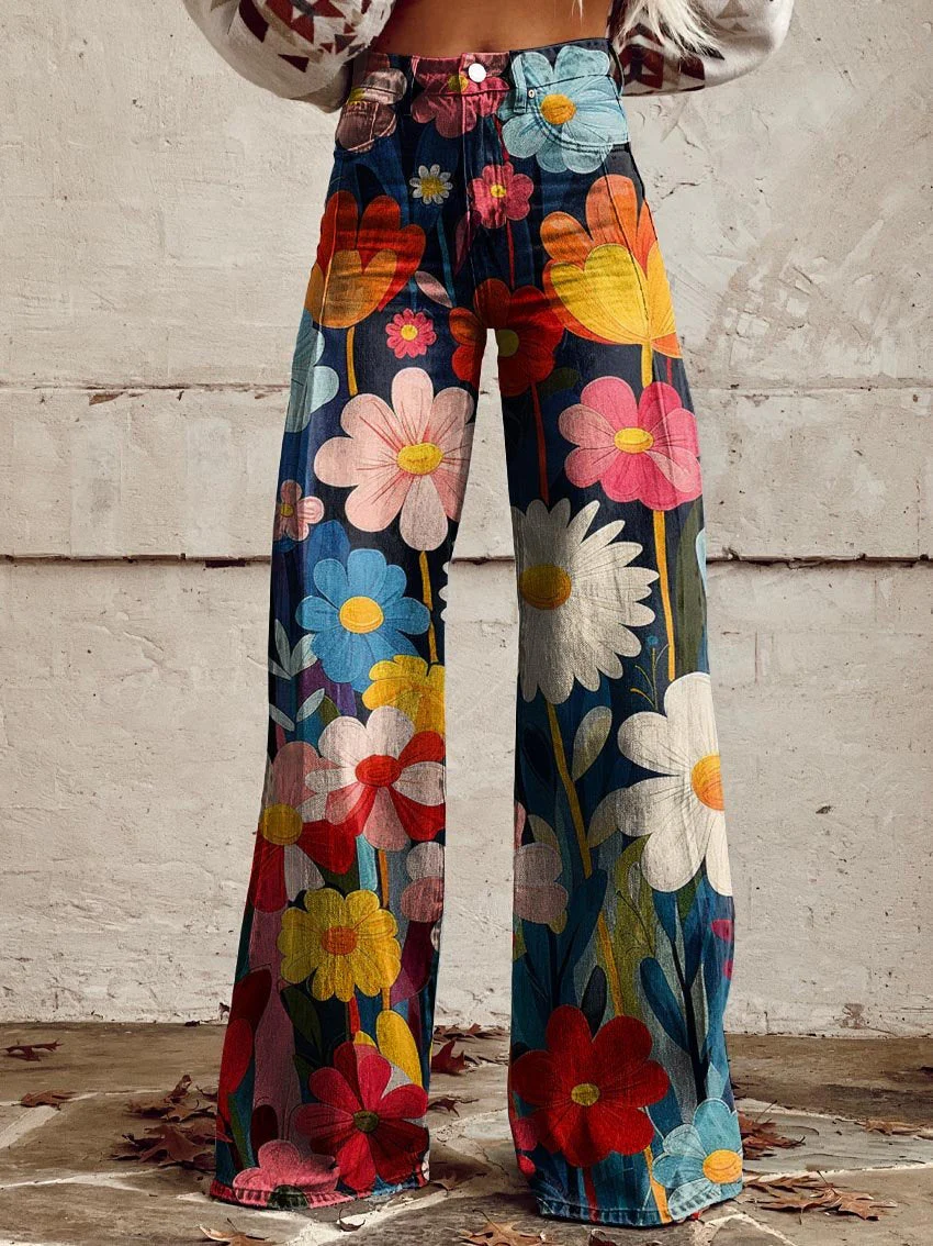 Pantalon large élégant à imprimé floral et taille haute