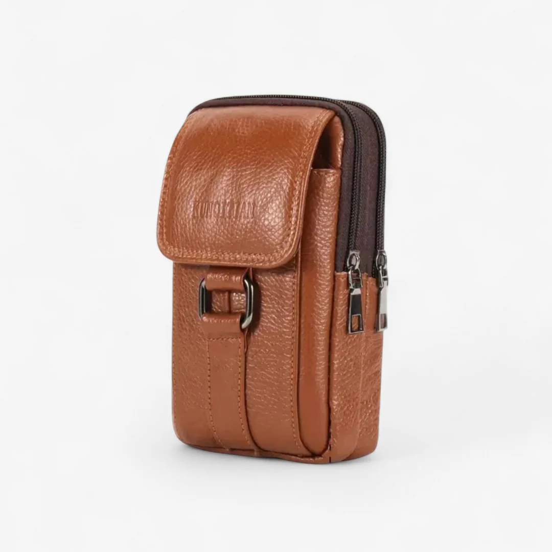 Pochette ceinture en cuir pour téléphone avec double fermeture éclair