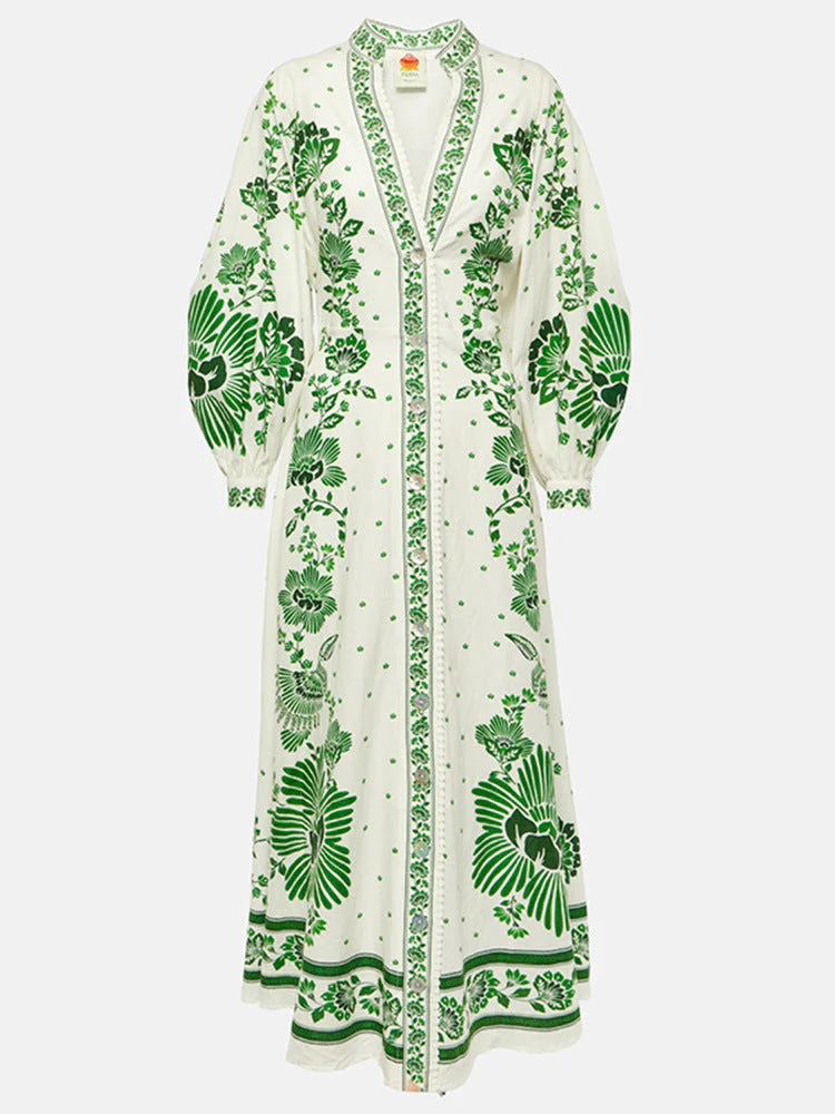 Robe longue à col en V avec manches longues et ceinture à la taille
