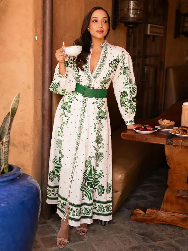 Robe longue à col en V avec manches longues et ceinture à la taille - Image 6