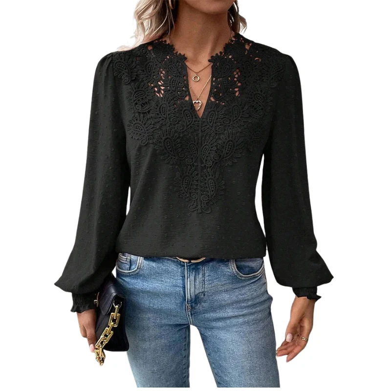 Blouse à manches longues avec col en V et détails en dentelle - Image 2