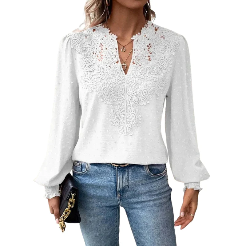 Blouse à manches longues avec col en V et détails en dentelle - Image 3