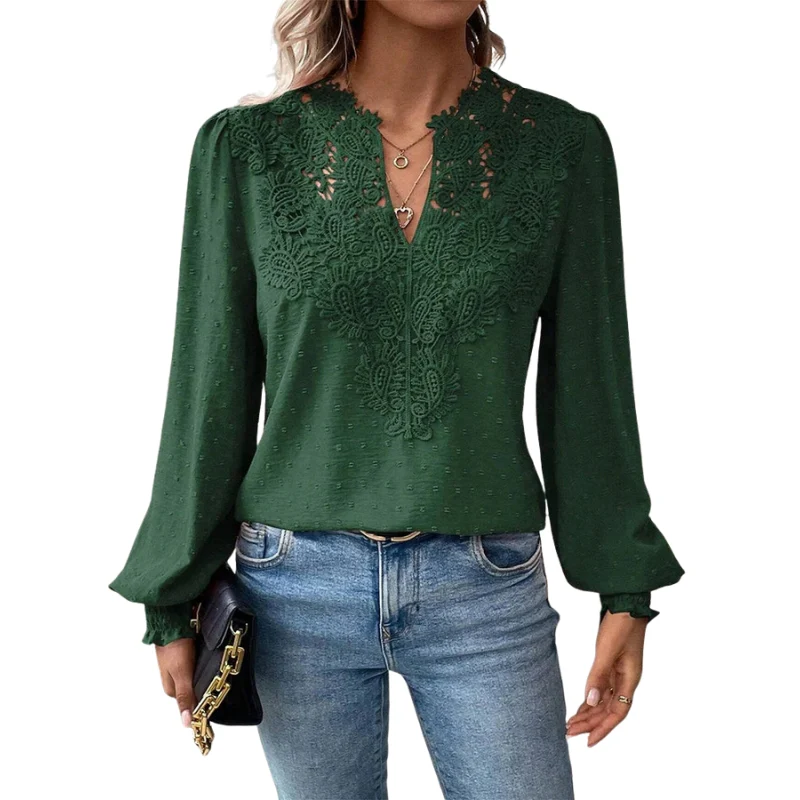 Blouse à manches longues avec col en V et détails en dentelle - Image 4