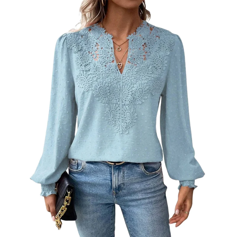 Blouse à manches longues avec col en V et détails en dentelle - Image 5