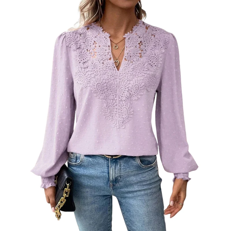 Blouse à manches longues avec col en V et détails en dentelle - Image 6
