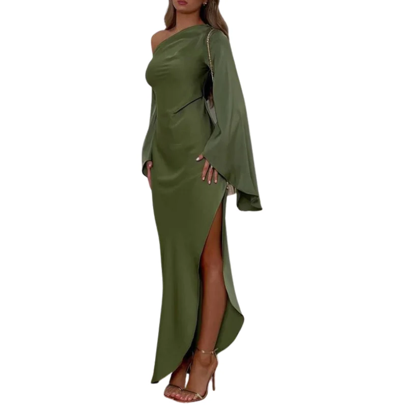 Robe longue asymétrique avec fente latérale et manche longue - Image 2