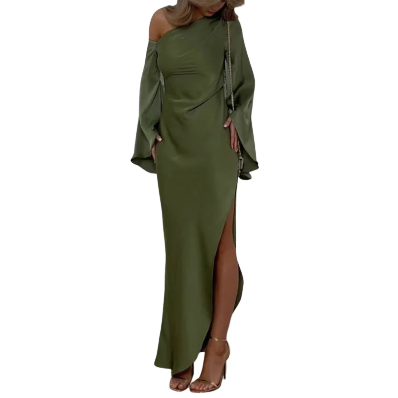 Robe longue asymétrique avec fente latérale et manche longue - Image 4