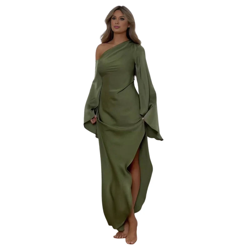 Robe longue asymétrique avec fente latérale et manche longue - Image 5