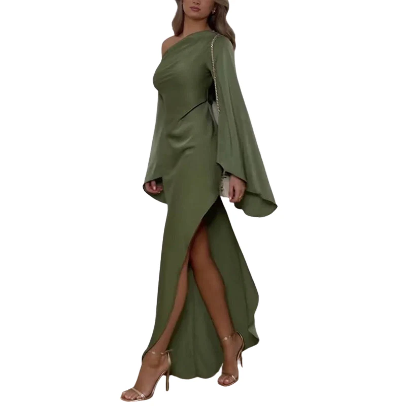 Robe longue asymétrique avec fente latérale et manche longue - Image 6