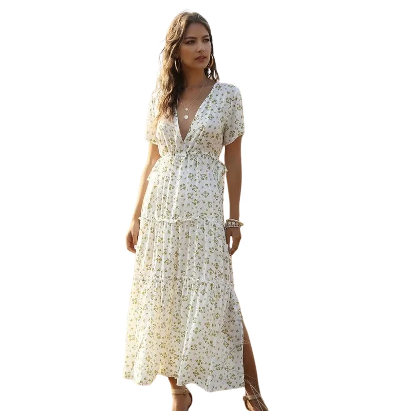 Robe maxi col V manches courtes