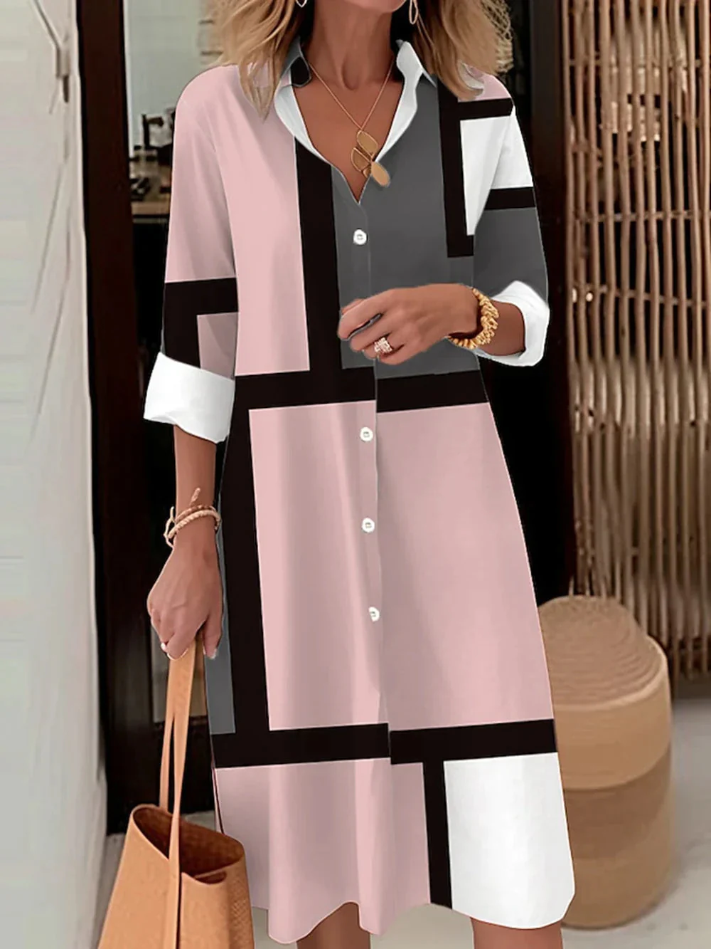 Robe midi femme boutonnée manches longues avec col élégant - Image 2