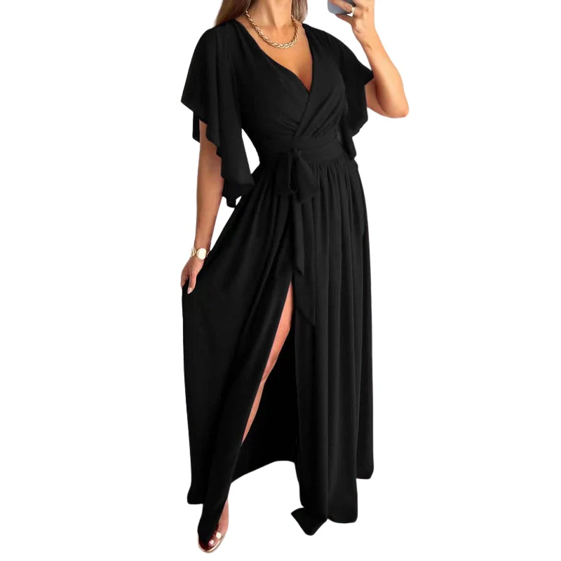 Robe longue fluide à manches courtes avec décolleté en V et taille ceinturée - Image 2